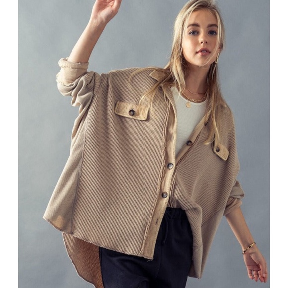 Oversized Waffle Button Up Dusty Pink & Beige - Picture 1 of 13